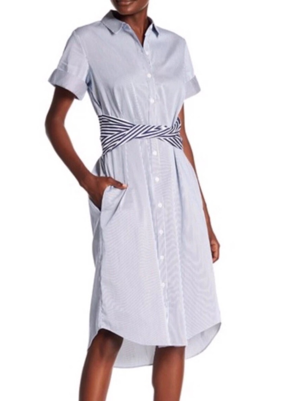 Rachel Roy Shirt Dress Blue White Stripe Twist Waist Button Front XXL Obi